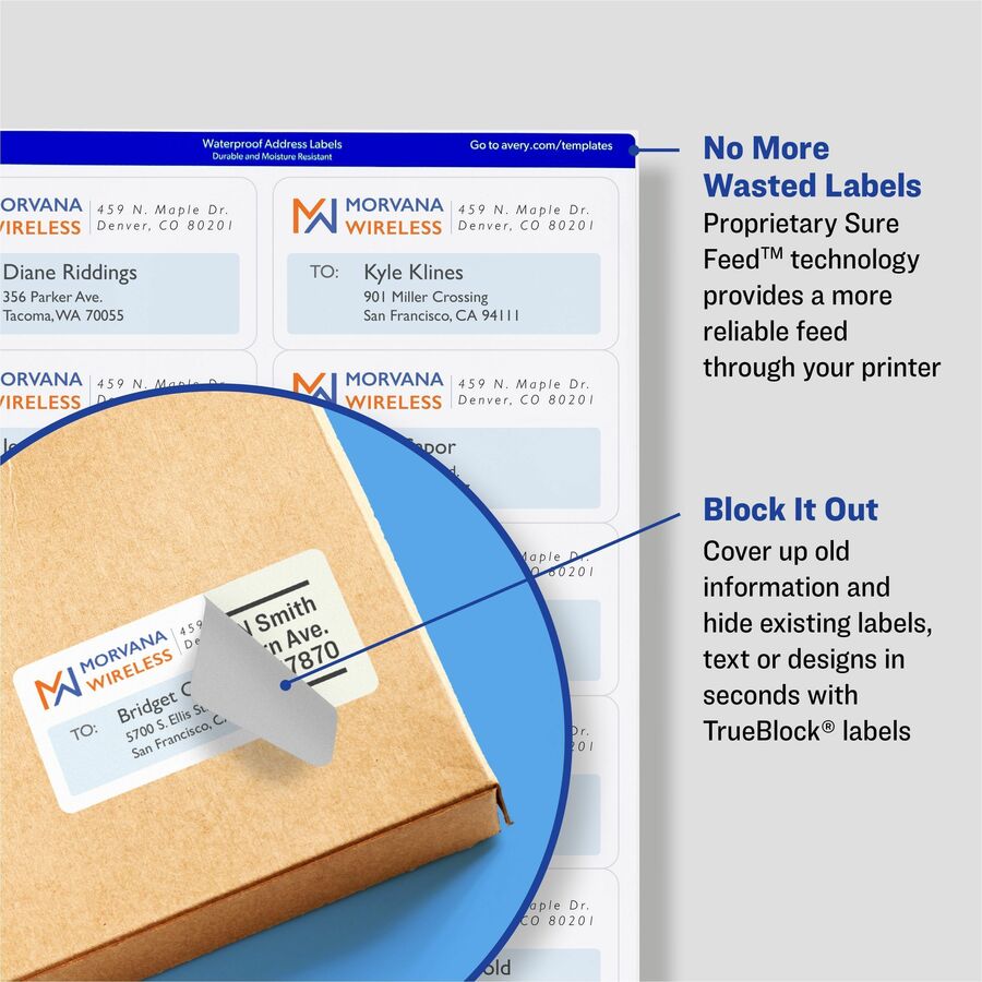 Avery® TrueBlock(R) Shipping Labels, Sure Feed(TM) Technology, Permanent Adhesive, 3-1/3" x 4" , 150 Labels (5264) - 3 1/3" Height x 4" Width - Permanent Adhesive - Rectangle - Laser - Bright White - Paper - 6 / Sheet - 25 Total Sheets - 150 Total Lab - Mailing & Address Labels - AVE5264