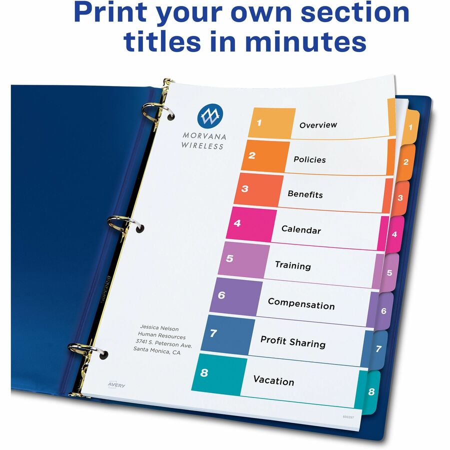 Avery® Ready Index Custom TOC Binder Dividers - 48 x Divider(s) - 1-8 - 8 Tab(s)/Set - 8.5" Divider Width x 11" Divider Length - 3 Hole Punched - White Paper Divider - Multicolor Paper Tab(s) - Recycled - 6 / Pack