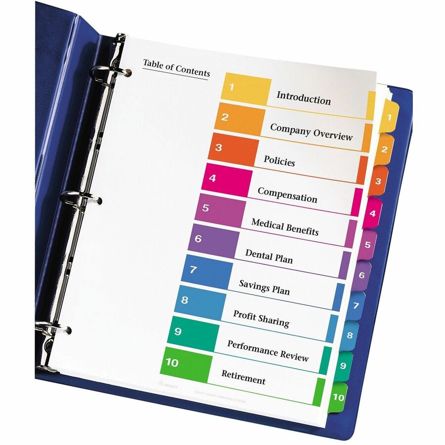Avery® Ready Index® Table of Content Dividersfor Laser and Inkjet Printers - 60 x Divider(s) - 1-10 - 10 Tab(s)/Set - 8.5" Divider Width x 11" Divider Length - 3 Hole Punched - White Paper Divider - Multicolor Paper Tab(s) - Recycled - 6 / Pack