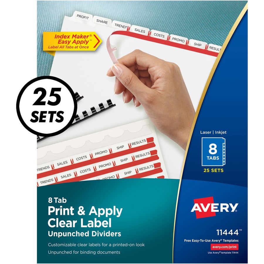 Avery® Print & Apply Label Unpunched Dividers - Index Maker Easy Apply Label Strip - 200 x Divider(s) - 8 Blank Tab(s) - 8 Tab(s)/Set - 8.5" Divider Width x 11" Divider Length - Letter - White Paper Divider - White Tab(s) - Recycled - Unpunched, Reinf