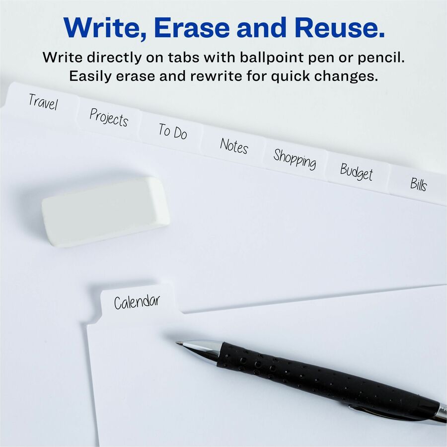 Avery® Big Tab Eraseable Write-On Dividers - 8 x Divider(s) - 8 Write-on Tab(s) - 8 - 8 Tab(s)/Set - 8.50" Divider Width x 11" Divider Length - 3 Hole Punched - White Paper Divider - White Paper Tab(s) - 8 / Set - Plain Tab Index Dividers - AVE23078