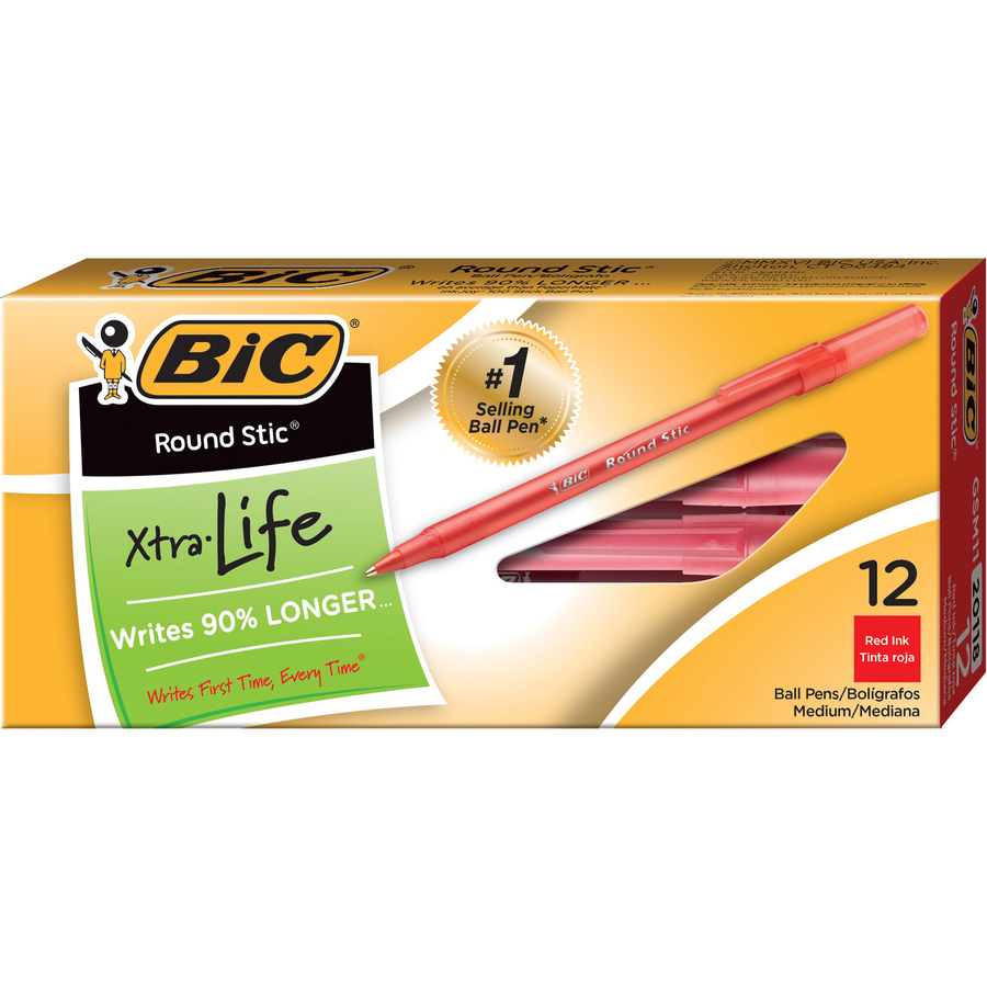 BIC Round Stic Ballpoint Pens - Medium Pen Point - Red - Red Barrel - 1 Dozen