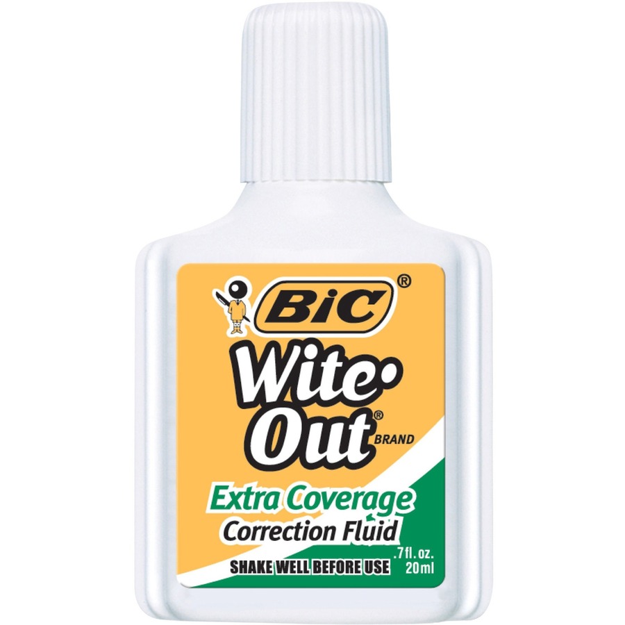 BIC Extra Coverage Correction Fluid, White, 12 Pack - Foam Brush Applicator - 20 mL - White - 1 Dozen