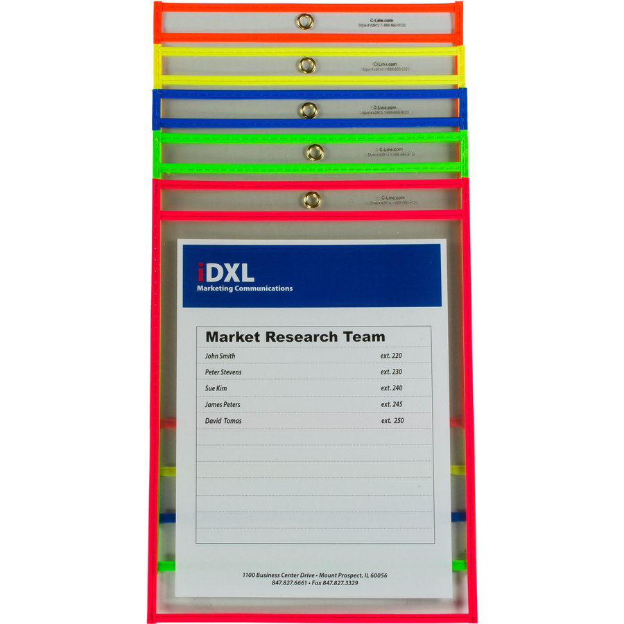 C-Line Neon Shop Ticket Holders, Stitched - Assorted, 5 Colors, Both Sides Clear, 9 x 12, 25/BX, 43910