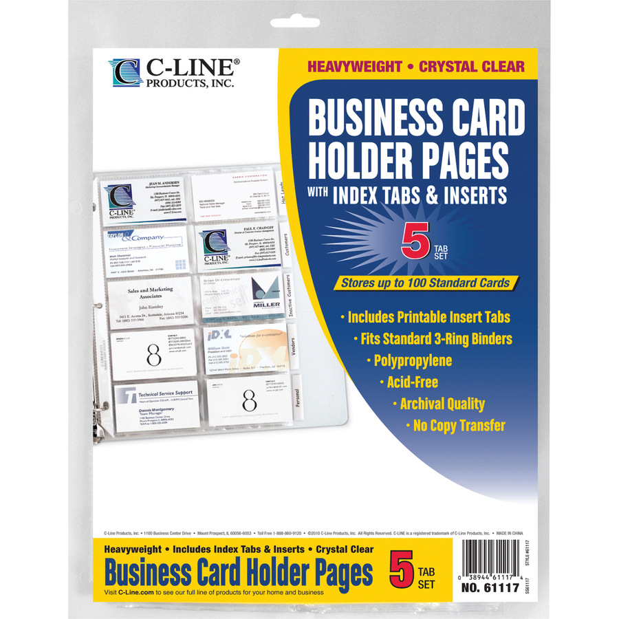 C-Line Business Card Holder Pages with Index Tabs for Ring Binders, Poly - 5-Tab Set, Holds 20 Cards/Page, 3-Hole Punched, 11 x 8-1/2, 5/PK, 61117
