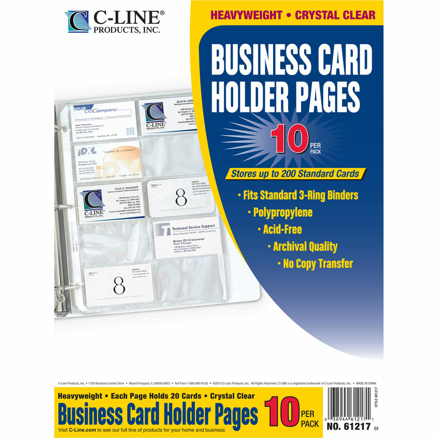 C-Line Business Card Holder Pages for Ring Binders, Poly - Holds 20 Cards/Page, 3-Hole Punched, 11-1/4 x 8-1/8, 10/PK, 61217