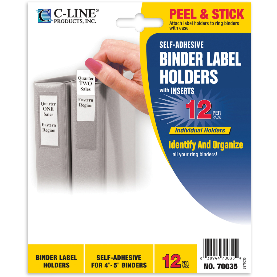 C-Line Self-Adhesive Binder Labels - 0.20" (5.08 mm) x 2.25" (57.15 mm) x 3" (76.20 mm) - Vinyl - 12 / Pack - Clear - Label Holders - CLI70035