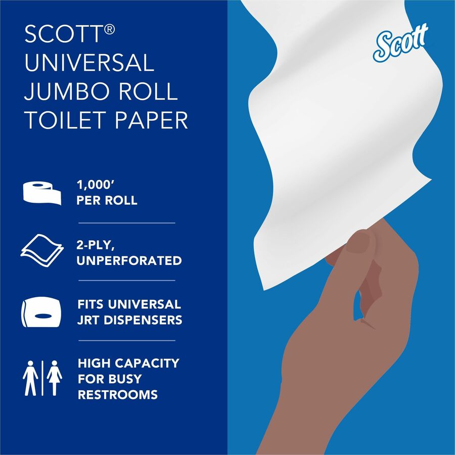 Scott High-Capacity Jumbo Roll Toilet Paper - 2 Ply - 3.55" x 1000 ft - White - 12 / Carton