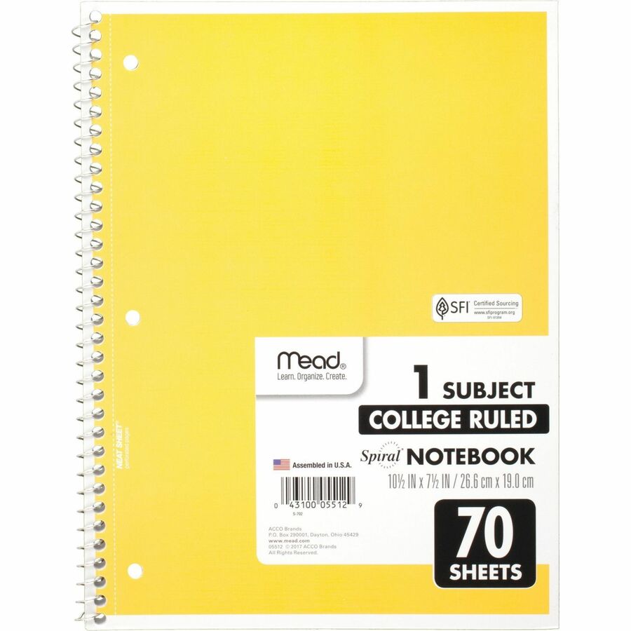 Mead One-subject Spiral Notebook - 70 Sheets - Spiral - College Ruled - 8" x 10 1/2" - White Paper - AssortedBoard Cover - Heavyweight, Punched - 1 Each