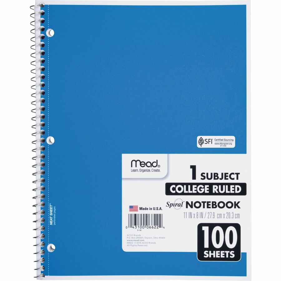 Mead One-subject Spiral Notebook - 100 Sheets - Spiral - College Ruled - 8" x 10 1/2"8" x 10.5" - White Paper - Back Board - 1 Each