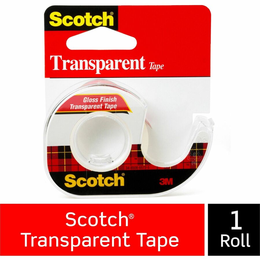 Scotch Gloss Finish Transparent Tape - 12.50 yd Length x 0.50" Width - 1" Core - Acrylate - Dispenser Included - Handheld Dispenser - Long Lasting, Stain Resistant, Moisture Resistant - For Packing, Multipurpose, Mending, Label Protection, Wrapping - 1 / 