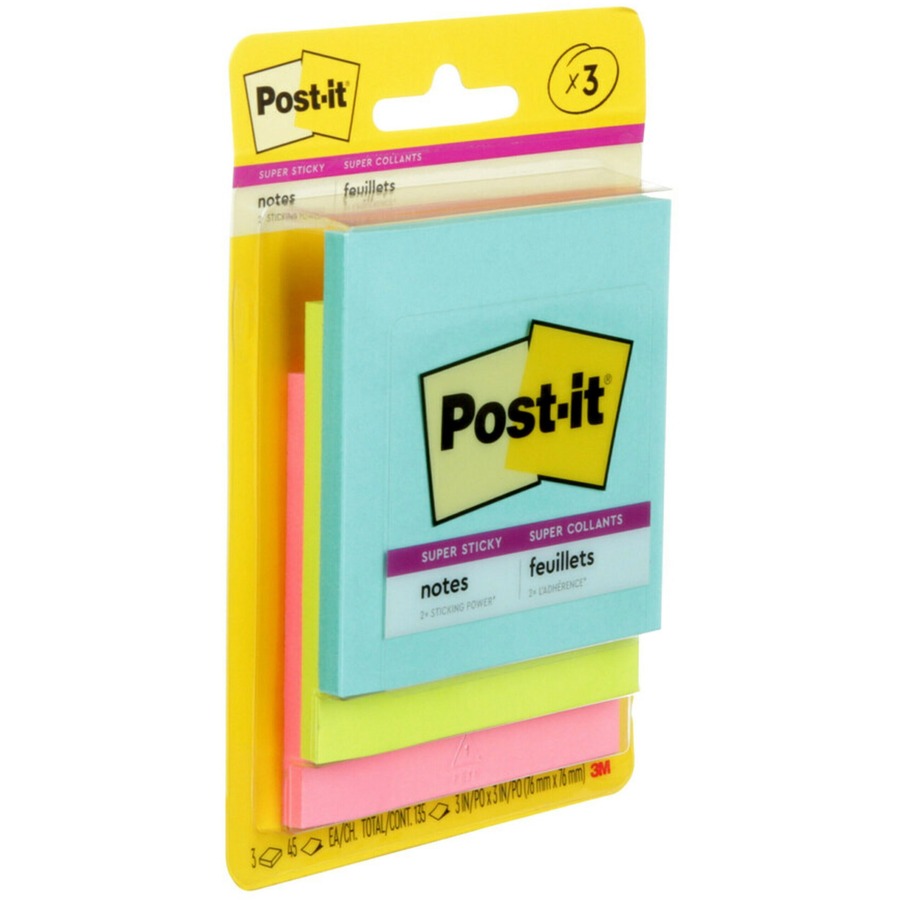 Post-it® Super Sticky Notes - Supernova Neons Color Collection - 135 - 3" x 3" - Square - 45 Sheets per Pad - Unruled - Aqua Splash, Acid Lime, Tropical Pink - Paper - Self-adhesive - 3 / Pack