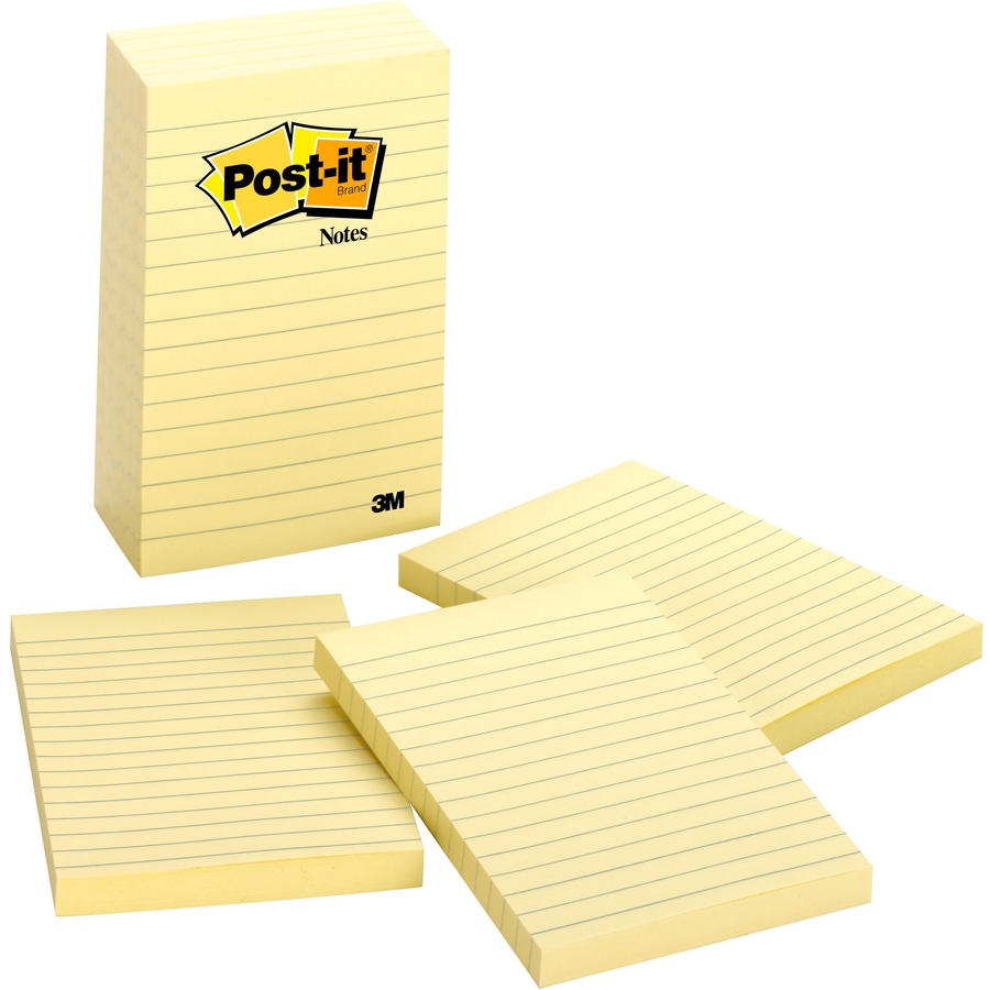 Post-it® Lined Notes - 500 - 4" x 6" - Rectangle - 100 Sheets per Pad - Ruled - Yellow - Paper - Self-adhesive, Repositionable - 5 / Pack