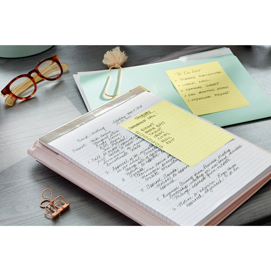 Post-it® Greener Notes - 1200 - 4" x 6" - Rectangle - 100 Sheets per Pad - Ruled - Canary Yellow - Paper - Self-adhesive, Repositionable - 12 / Pack - Recycled