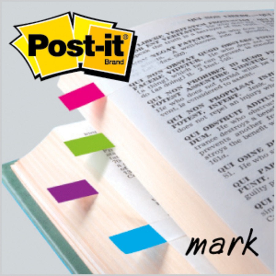 Post-it® 1/2"W Flags in Bright Colors - 4 Dispensers - 35 x Bright Blue, 35 x Bright Pink, 35 x Bright Purple, 35 x Bright Yellow - 0.50" x 1.75" - Rectangle - Unruled - Assorted, Pink, Purple, Yellow, Aqua - Self-adhesive, Removable, Residue-free, Re - Flags - MMM6834AB