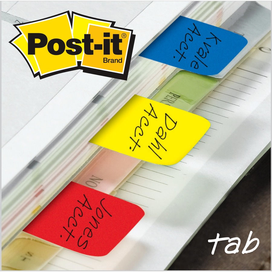 Post-it® Durable Tabs - Write-on Tab(s) - 0.98" Tab Height x 1" Tab Width - Self-adhesive, Removable - Red, Yellow, Blue, Neon Tab(s) - Wear Resistant, Tear Resistant, Durable, Writable, Repositionable, Reusable, Removable - 66 / Pack