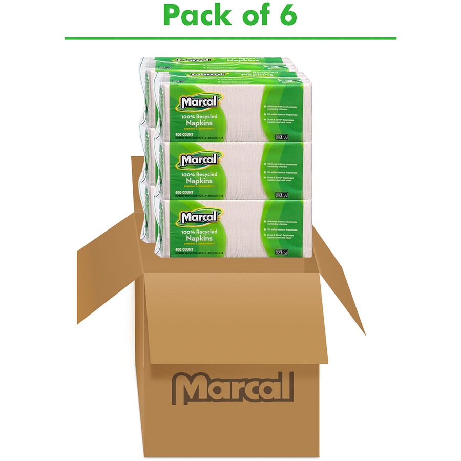 Marcal 100% Recycled Luncheon Napkins - 1 Ply - 12.50" x 11.40" - White - Paper - 400 Per Pack - 6 / Carton