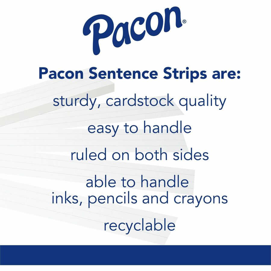 Pacon Sentence Strips - 3"H x 24"W - Dual-Sided - 1.5" Rule/Single Line Rule - 100 Strips/Pack - White - Learning Boards - PACP5166