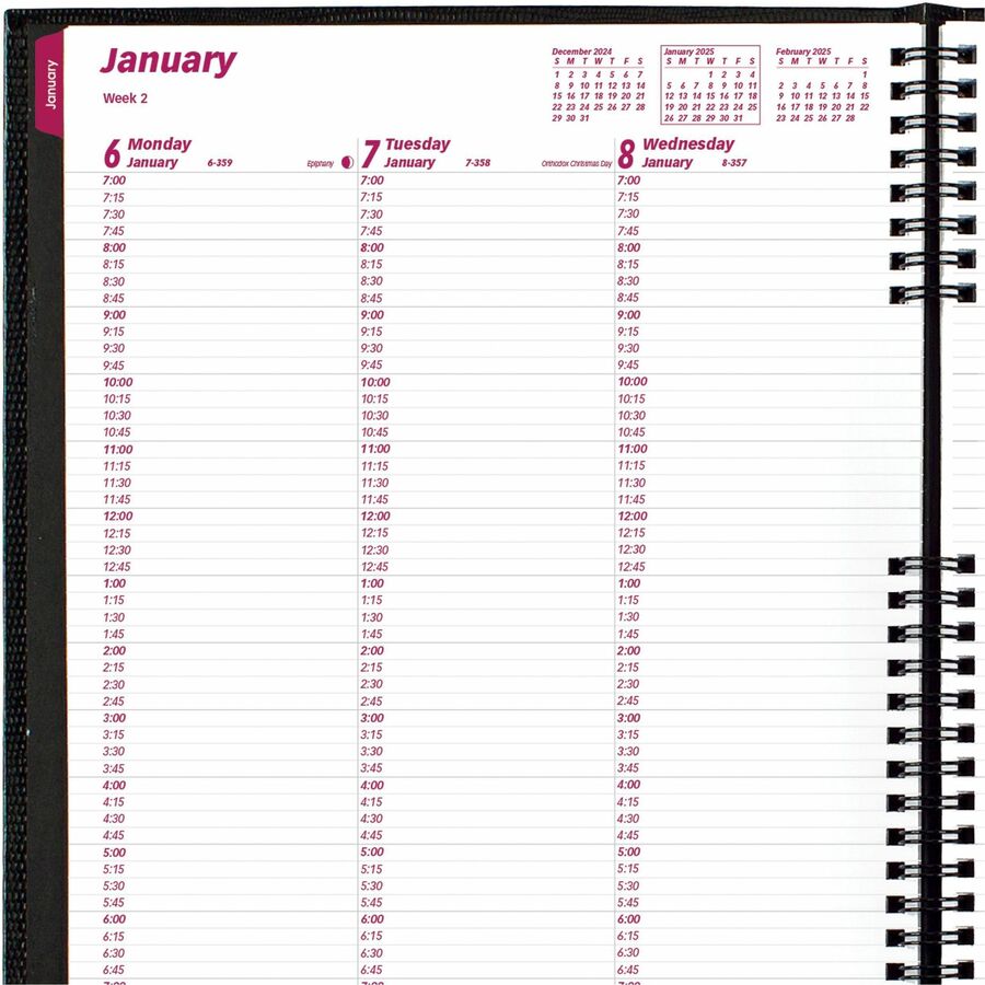 Brownline CoilPro Weekly Planner - Weekly - January 2024 - December 2024 - 7:00 AM to 8:45 PM - Monday - Friday, 7:00 AM to 5:45 PM - Saturday - 2 Week Double Page Layout - 8 1/2" x 11" Sheet Size - Twin Wire - Black - Pocket, Phone Directory, Address Dir
