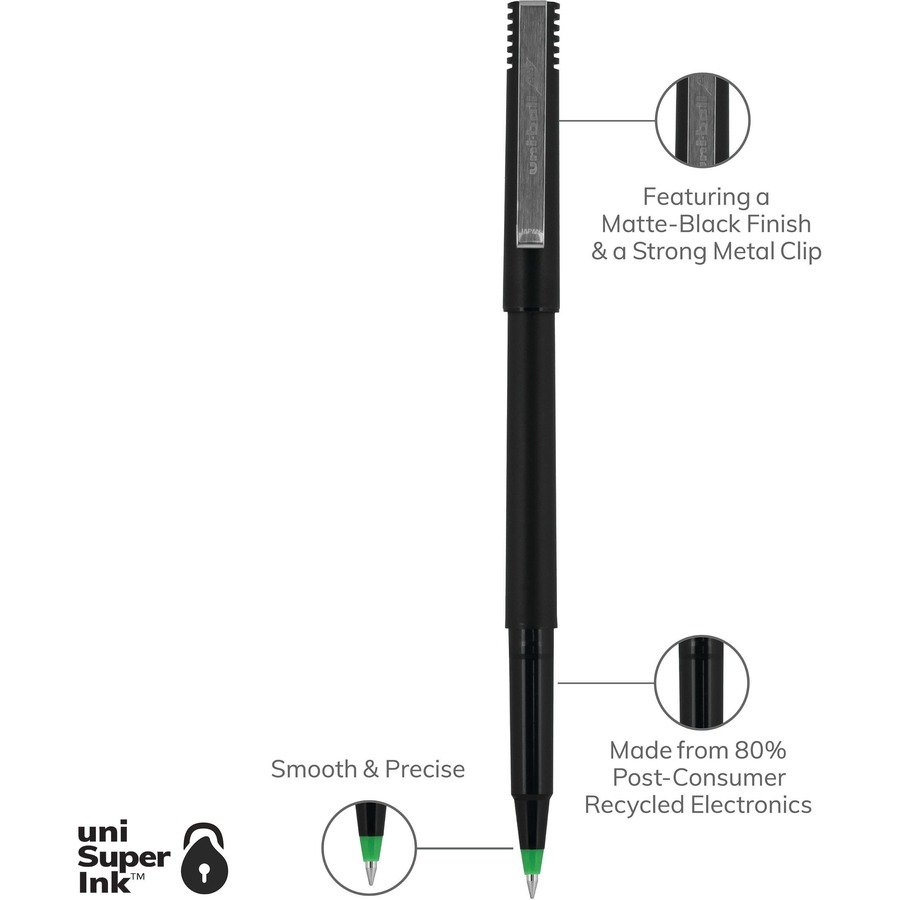 uni-ball Classic Rollerball Pens - Micro Pen Point - 0.5 mm Pen Point Size - Green - Black Stainless Steel Barrel - Rollerball Pens - UBC60154