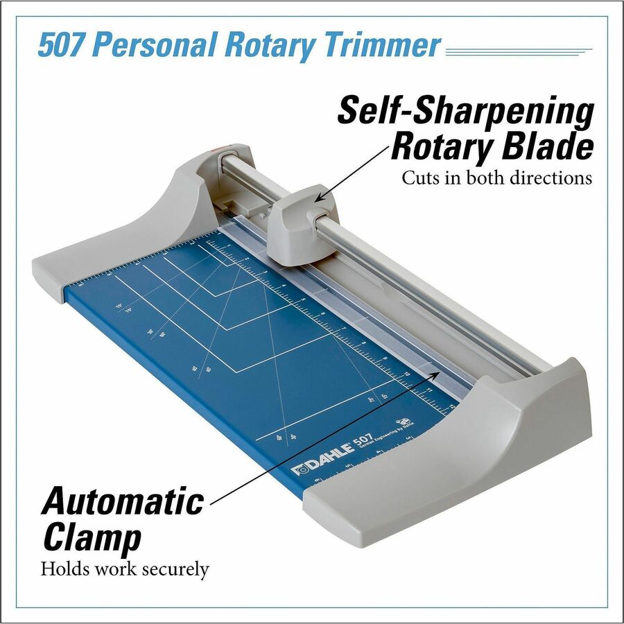 DAH507 - Personal rotary trimmer with a 12" cut length features a durable, self-sharpening blade to help you precisely trim thicker material. Automatic clamping system provides even pressure to prevent your work from shifting. Base contains carefully screened guides to help align your cuts. Guides indicate inch and metric measurements for all your trimming needs. Blade's precision-graduated edge will remove even the tiniest sliver of paper and produce a clean, burr-free cut. Sturdy metal base provides a solid foundation that will never warp or crack. Lightweight design offers convenient portability for on-the-go use. Rotary trimmer is designed to cut up to 7 sheets at a time. More from the Manufacturer
