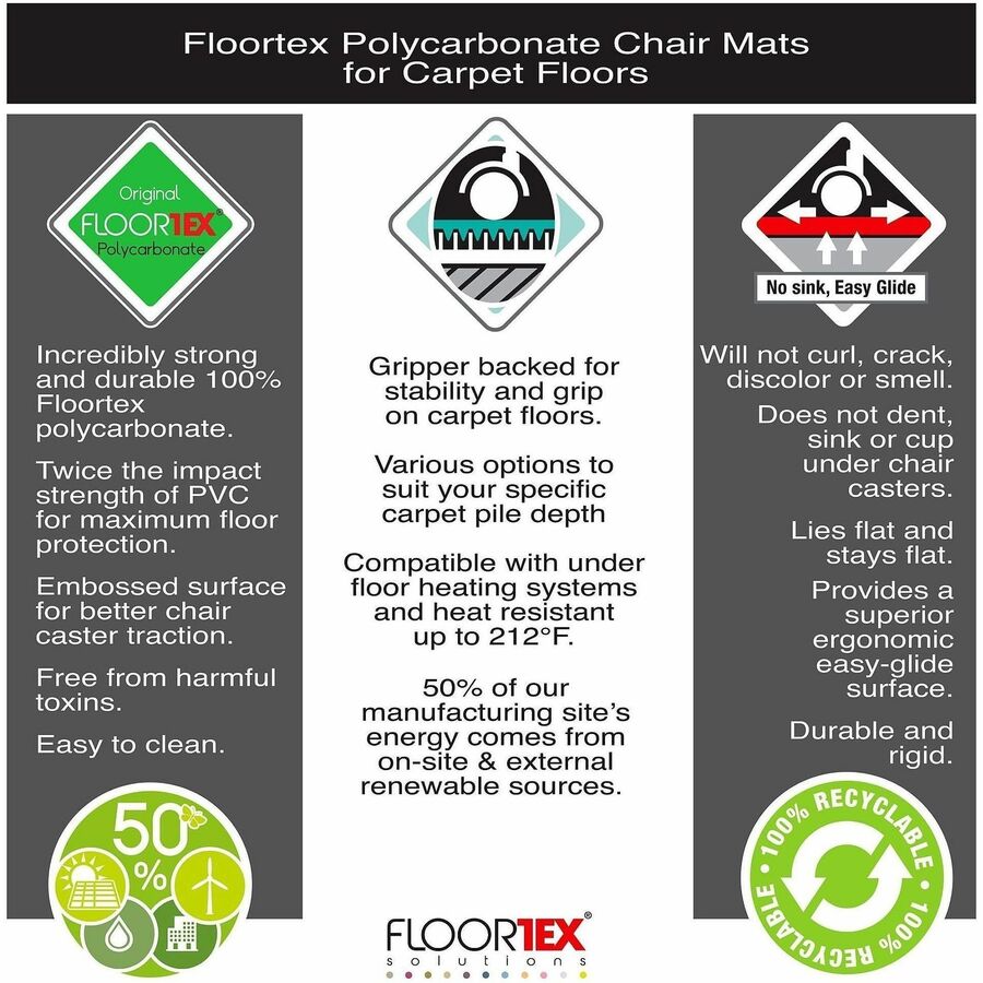 Floortex Cleartex Ultimat® Polycarbonate Rectangular Chair Mat for Carpets - 60" x 118" - Carpet, Home, Office - 118" Length x 60" Width x 0.090" Depth x 0.090" Thickness - Rectangular - Polycarbonate, Polyvinyl Chloride (PVC) - Clear - 1 Each - TAA C