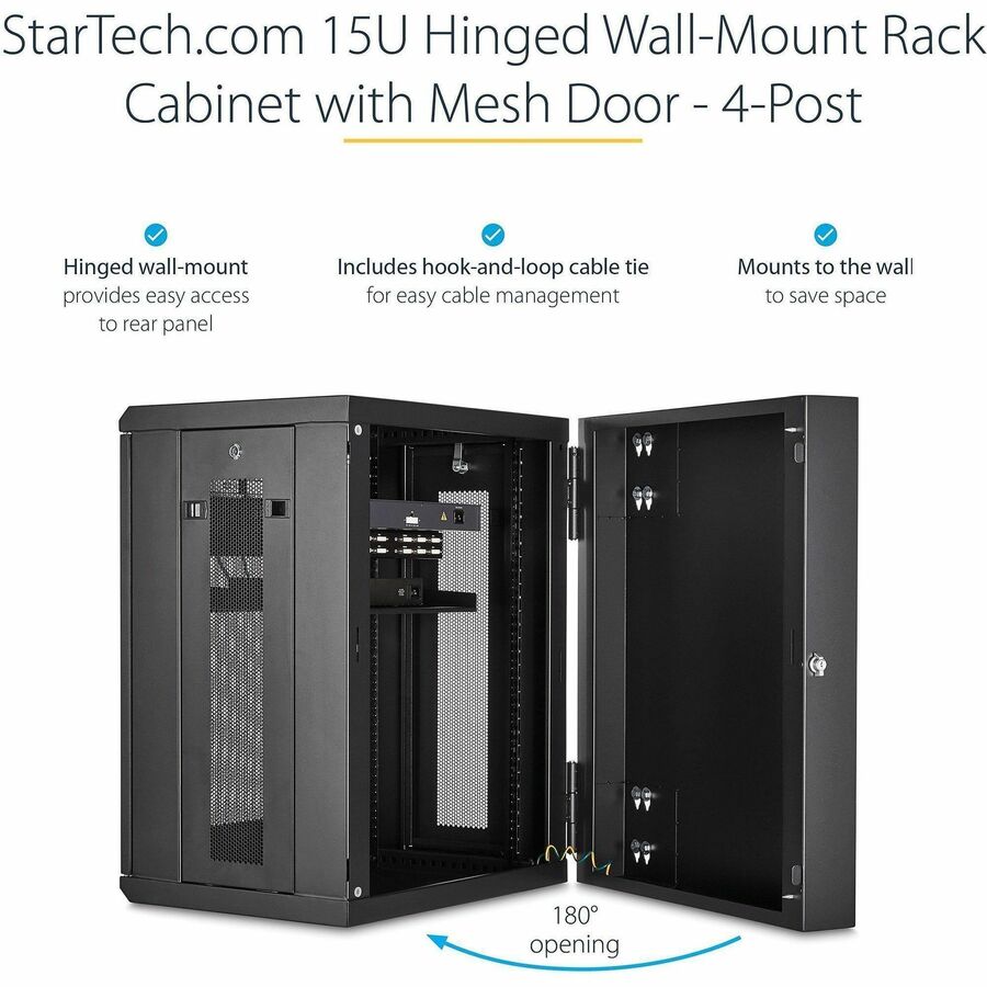 StarTech.com 15U Wall-Mount Server Rack Cabinet - 16.1 in. Deep - Hinged - For Server, LAN Switch, Patch Panel - 15U Rack Height16.10" Rack Depth - Wall Mountable - Black - Steel, Steel Mesh - 198.42 lb Static/Stationary Weight Capacity - 5 Year Warranty