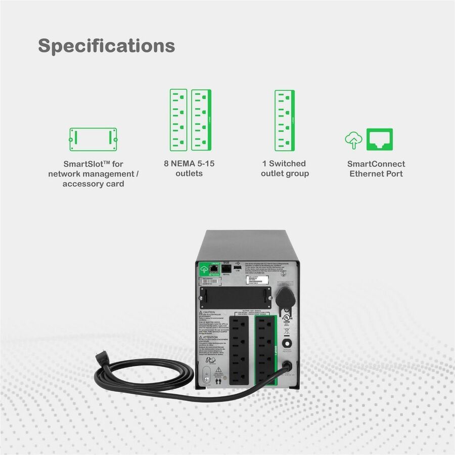 APC Smart-UPS, Line Interactive, 1500VA, Tower, 120V, 8x NEMA 5-15R outlets, SmartConnect Port+SmartSlot, AVR, LCD
