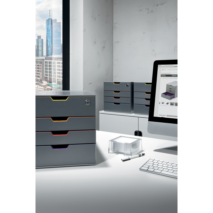 DBL760627 - Drawer Box features a stylish design with sleek contours for an attractive addition to any desk. Each drawer is colored in a different color to aid document organization. Skid-proof, plastic feet prevent sliding on smooth surfaces. The top, lockable drawer allows you to safely store your confidential documents and personal belongings. Its compact size allows it to fit into all standard office cabinets and sideboards. Drawers with drawer stops operate smoothly and silently for easy access to your belongings. Stackable construction allows you to place additional drawer boxes on top for space-saving, desktop organization. Letter-size organizer is perfect for storing office papers, various office supplies, business cards, craft supplies, school supplies, jewelry and more. More from the Manufacturer