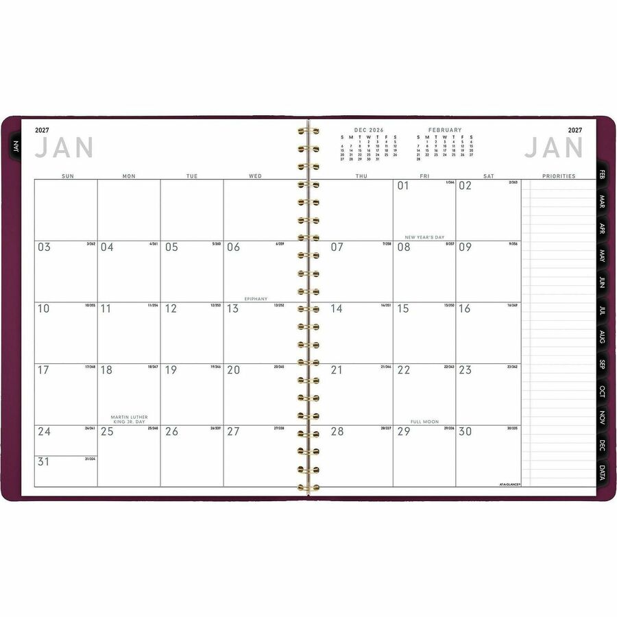 At-A-Glance Contemporary Weekly/Monthly Planner - Weekly, Monthly - 12 Month - January 2026 to December 2026 - 8:00 AM to 5:30 PM - Half-hourly - Monday - Friday - 8 1/4" x 11" Sheet Size - Twin Wire - Purple - Paper - Crushed Cherry Faux Leather Cover - 