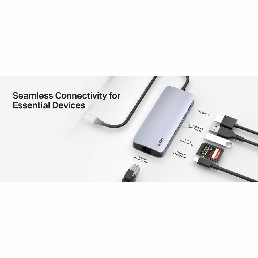 Belkin 6-Port USB-C Hub - USB-C to 2xUSB-A, 1xUSB-C, 1xEthernet, 1x8K HDMI, 1xSD Reader - Docking Station - Grey
