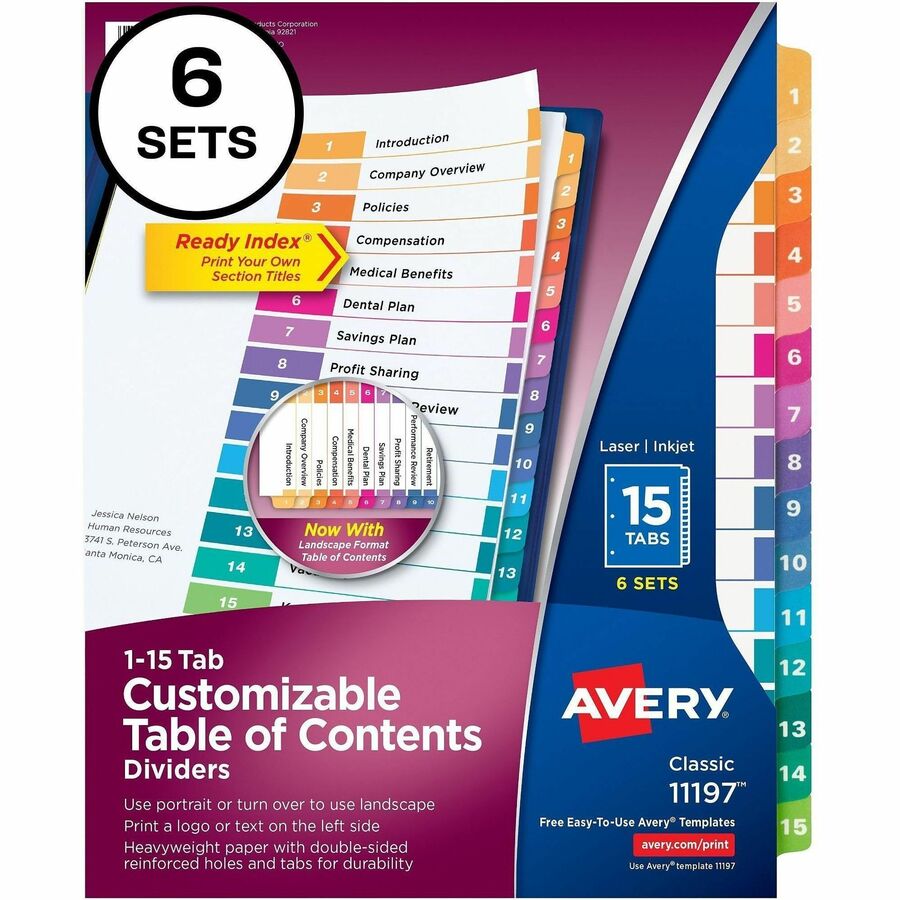 Avery&reg; Ready Index&reg; Table of Content Dividers for Laser and Inkjet Printers, 15 tabs, 6 sets