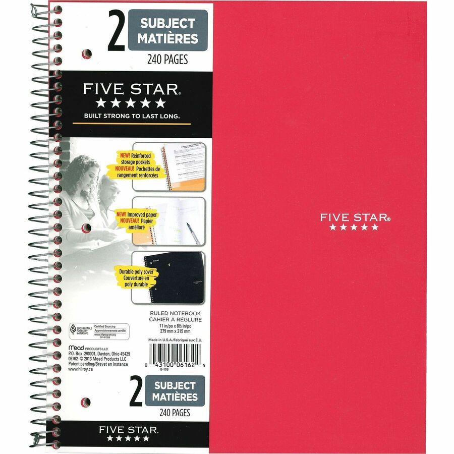Five Star - Five Star&reg; Cahier à 2 sujets, 11 po x 10,35 po