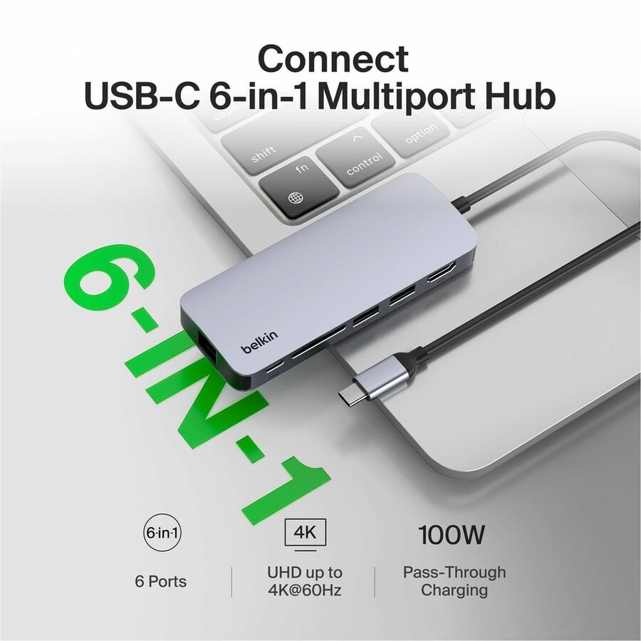 Belkin 6-Port USB-C Hub - USB-C to 2xUSB-A, 1xUSB-C, 1xEthernet, 1x8K HDMI, 1xSD Reader - Docking Station - Grey