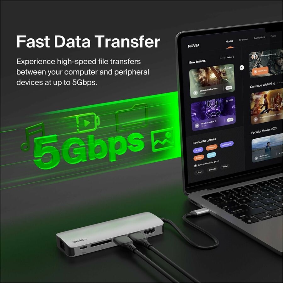 Belkin 6-Port USB-C Hub - USB-C to 2xUSB-A, 1xUSB-C, 1xEthernet, 1x8K HDMI, 1xSD Reader - Docking Station - Grey