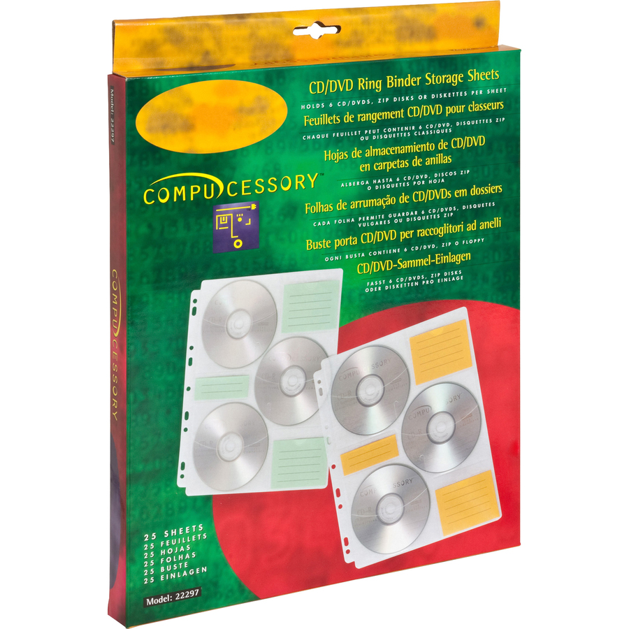 Compucessory CD/DVD Ring Binder Storage Pages - 6 x CD/DVD Capacity - 9 x Holes - Ring Binder - Clear - Polypropylene - 25 / Pack - CD/DVD Case Inserts - CCS22297