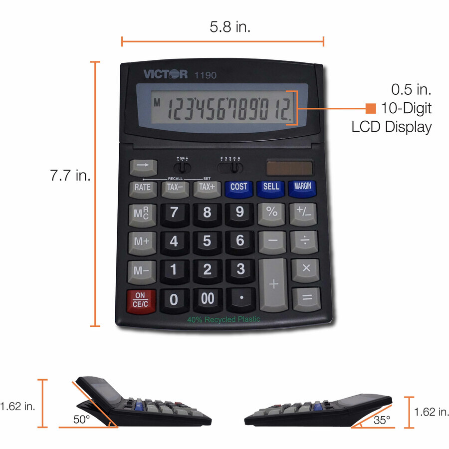 Victor 1190 Desktop Display Calculator - Easy-to-read Display, Large LCD, Tilt Display, Sign Change, Automatic Power Down, Independent Memory, Battery Backup, Environmentally Friendly, 3-Key Memory - Battery/Solar Powered - 1" x 5.9" x 7.8" - Black - 1 Ea - Desktop Display Calculators - VCT1190