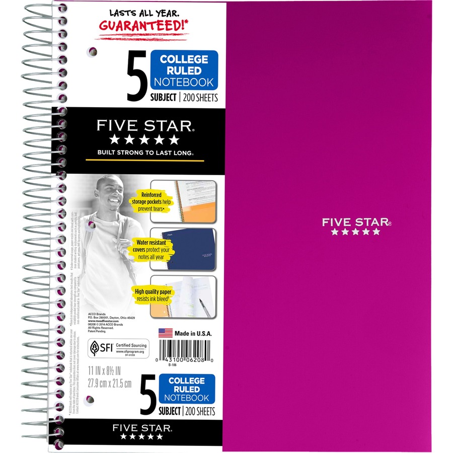 Mead Five-Star Wirebound 5-Subject Notebook - 200 Sheets - Wire Bound - 11" x 8 1/2" - White Paper - Assorted Cover - Pocket, Stiff-back, Perforated, Pocket Divider, Heavyweight, Subject, Spiral Lock - 1 Each