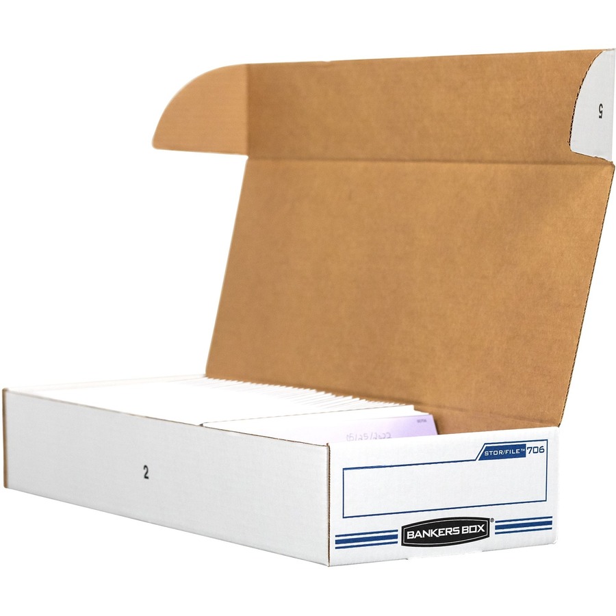 Bankers Box STOR/FILE Check Storage Boxes - Internal Dimensions: 9" Width x 24" Depth x 4" Height - External Dimensions: 9.3" Width x 25" Depth x 4.1" Height - 650 lb - Flip Top Closure - Light Duty - Stackable - White, Blue - For File, Check, Deposit Sli