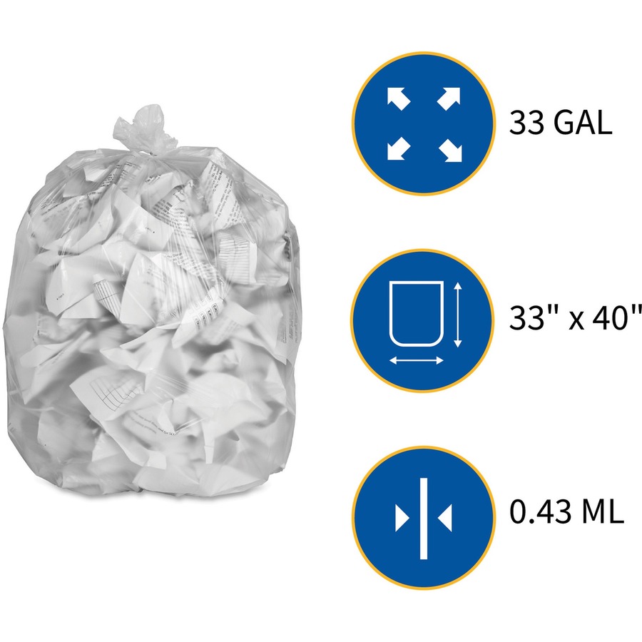 Genuine Joe High-Density Can Liners - Medium Size - 33 gal Capacity - 33" Width x 40" Length - 0.43 mil (11 Micron) Thickness - High Density - Clear - Resin - 20/Carton - 25 Per Roll - Office Waste, Industrial Trash