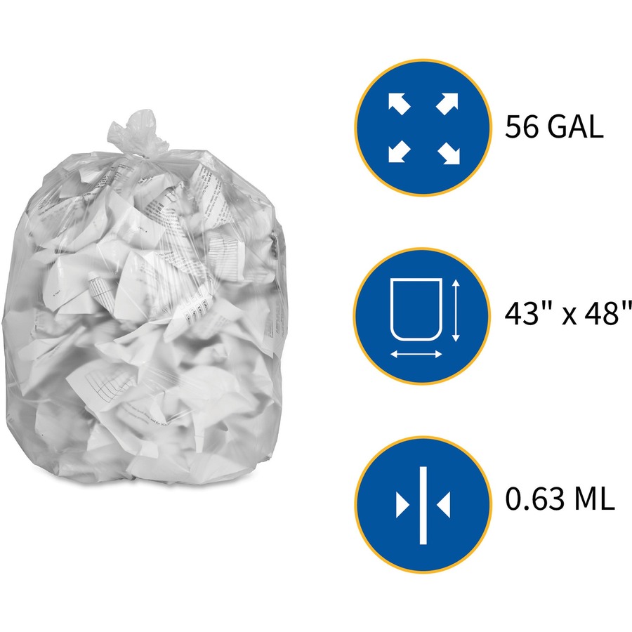 Genuine Joe High-density Can Liners - Extra Large Size - 56 gal Capacity - 43" Width x 48" Length - 0.63 mil (16 Micron) Thickness - High Density - Clear - Resin - 10/Carton - 20 Per Roll - Office Waste, Industrial Trash