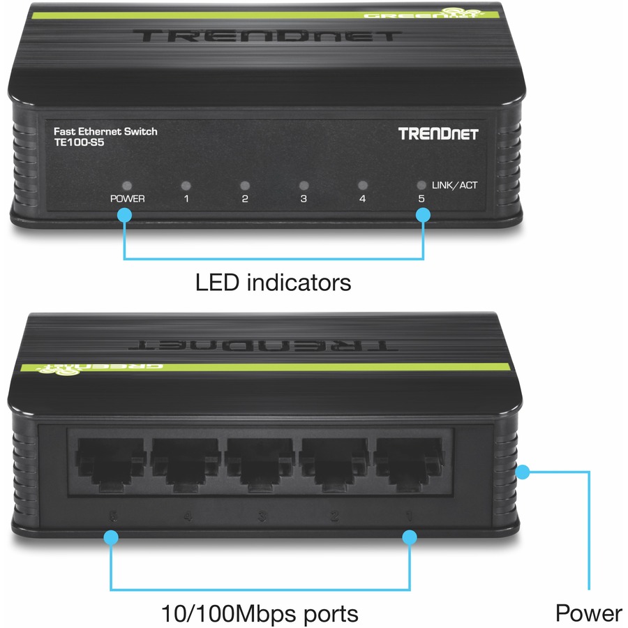 TRENDnet 5-Port Unmanaged 10/100 Mbps GREENnet Ethernet Desktop Plastic Housing Switch; 5 x 10/100 Mbps Ports; 1Gbps Switching Capacity; TE100-S5