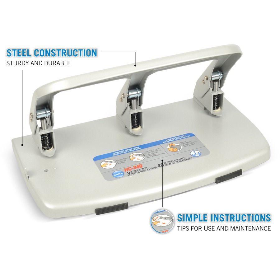 Knowledge Tree  Carl Mfg CARL Heavy-duty 3-Hole Punch with Tray - 3 Punch  Head(s) - 40 Sheet Capacity - 9/32 Punch Size - Silver