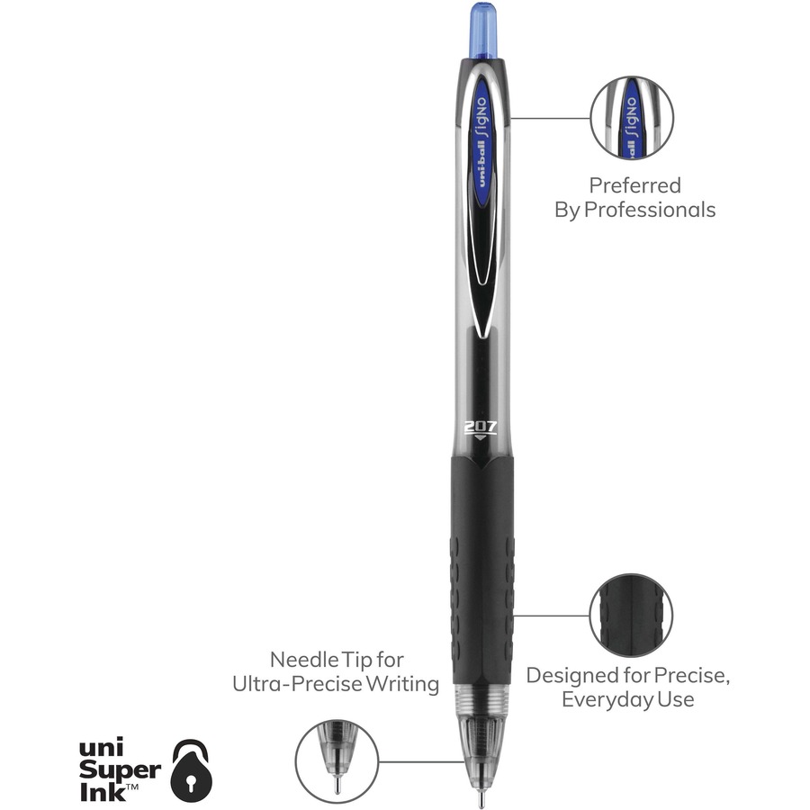 uniball™ 207 Needle Gel Pens - Medium Pen Point - 0.7 mm Pen Point Size - Needle Pen Point Style - Retractable - Blue - Blue Barrel - 1 Dozen