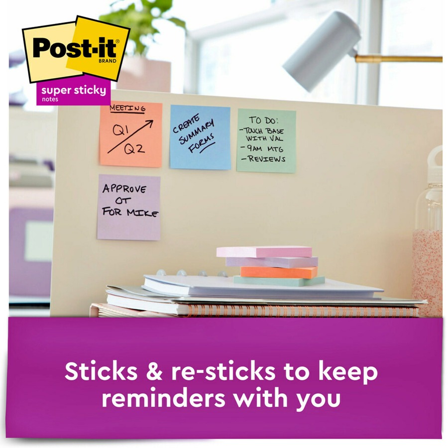 Post-it® Super Sticky Recycled Notes - Wanderlust Pastels Color Collection - 1080 - 3" x 3" - Square - 90 Sheets per Pad - Unruled - Pink Salt, Positively Pink, Orchid Frost, Fresh Mint, Pebble Gray - Paper - Self-adhesive - 12 / Pack - Recycled