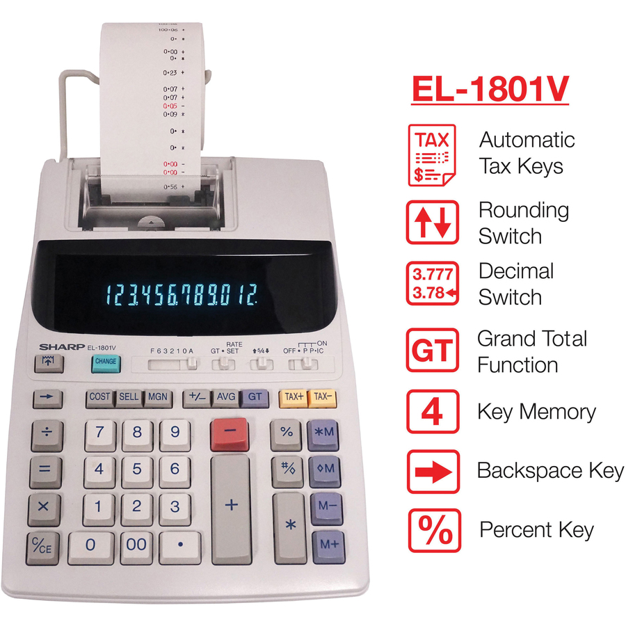 Sharp EL-1801V 12 Digit Printing Calculator 2.1 LPS Item Count, Paper  Holder, Large Display, 4-Key Memory, Sign Change Power Adapter Powered  10.1