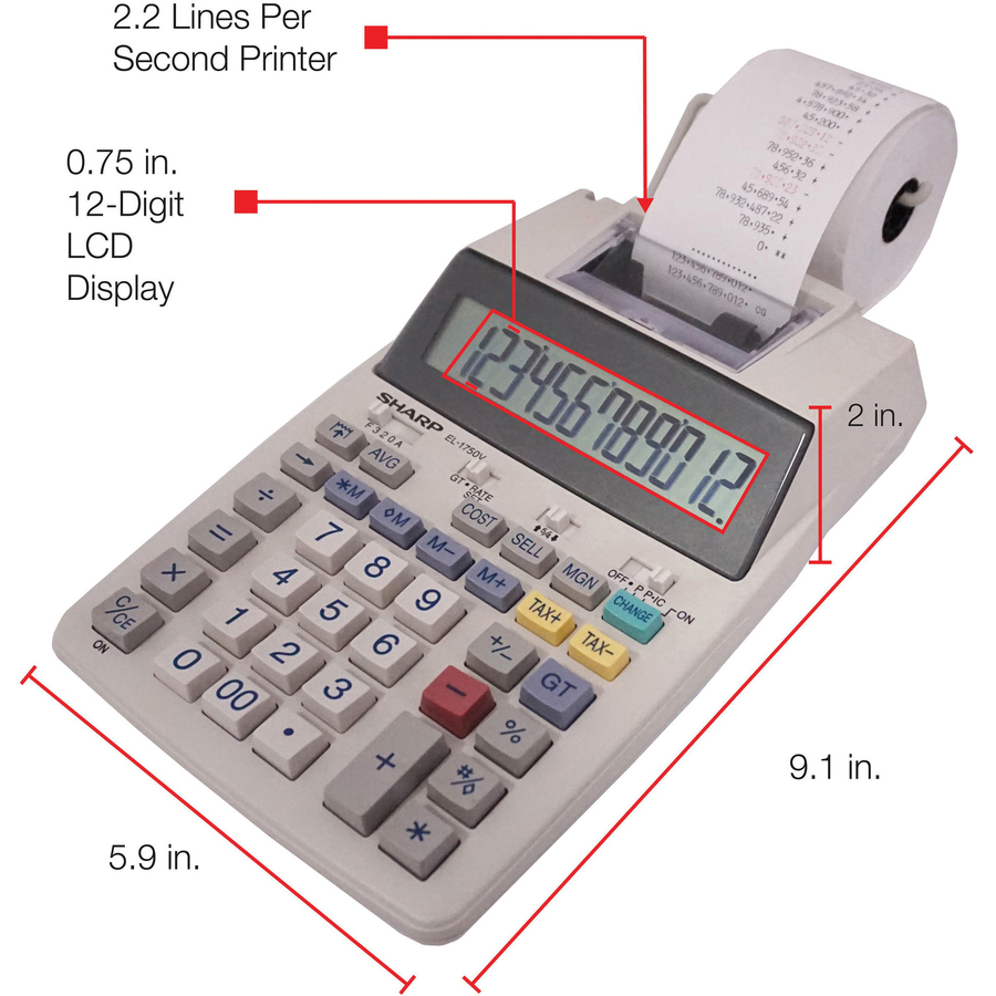 Sharp EL-1750V 12 Digit Printing Calculator - Dual Color Print - 2 lps - 2 Line(s) - 12 Digits - LCD - Battery/Power Adapter Powered - 4 - AA - White - 1 Each