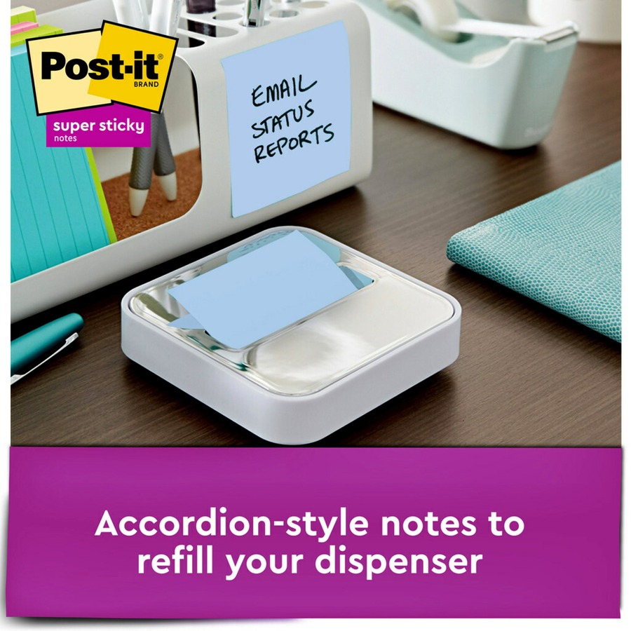 Post-it® Super Sticky Dispenser Notes - Oasis Color Collection - 540 - 3" x 3" - Square - 90 Sheets per Pad - Unruled - Aqua Wave, Neptune Blue, Orchid - Paper - Self-adhesive, Pop-up - 6 / Pack - Recycled