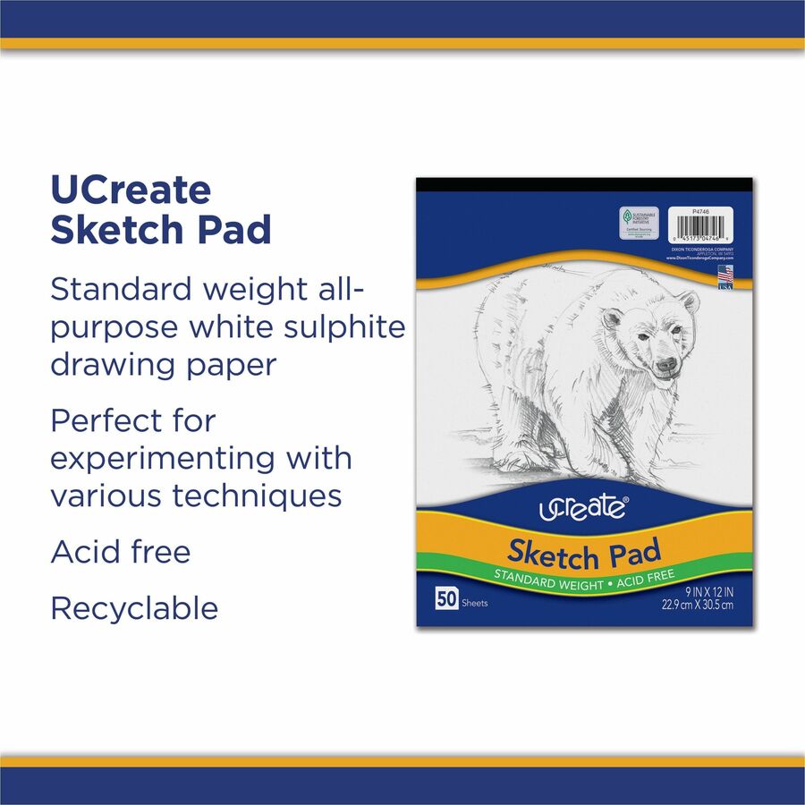 UCreate Medium Weight Sketch Pads - 50 Sheets - 9" x 12" - White Paper - Acid-free, Mediumweight - Recycled - 50 / Pad