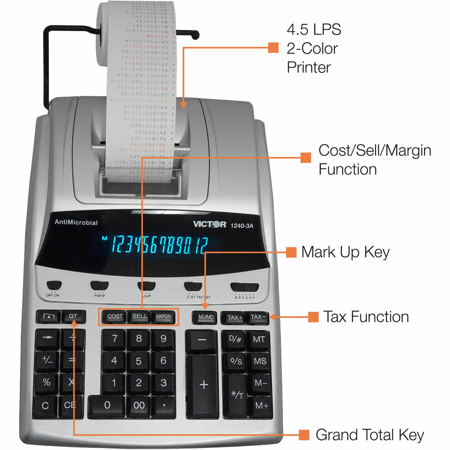 Victor 12403A Professional Calculator - Dual Color Print - Dot Matrix - 4.3 lps - Big Display, Independent Memory - 12 Digits - Fluorescent - AC Supply/Power Adapter Powered - 3.3" x 9" x 12.8" - White - 1 Each - Printing Calculators - VCT12403A